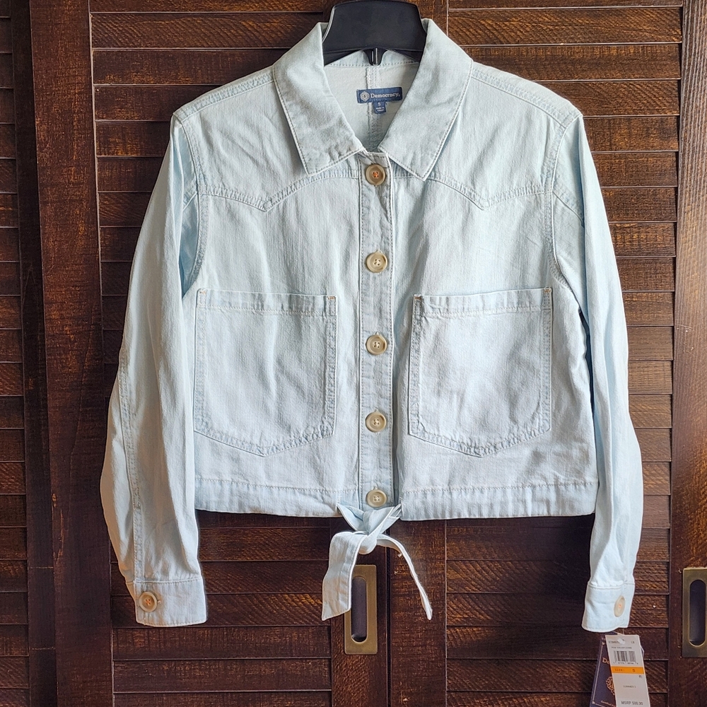 Democracy Long Sleeve Button Down Self Tie Denim Jacket Oversized Pockets Blue S